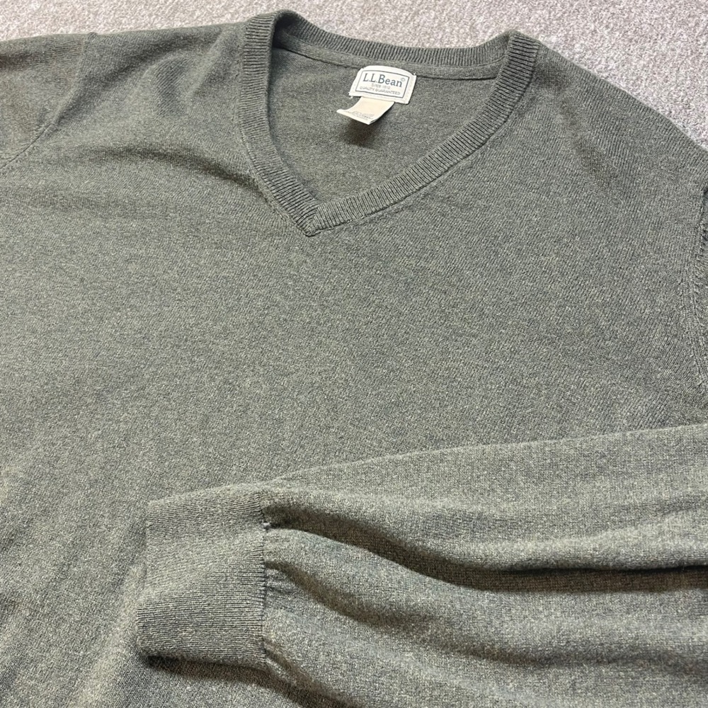 LL Bean Mens XXL Tall Olive Green Cotton Cashmere V-Neck Sweater 275552